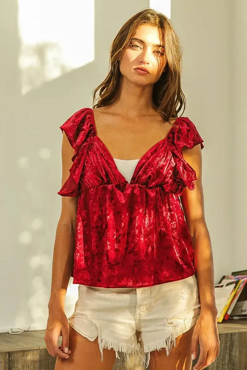 BiBi Ruffled Cap Crush Velvet Peplum Top
