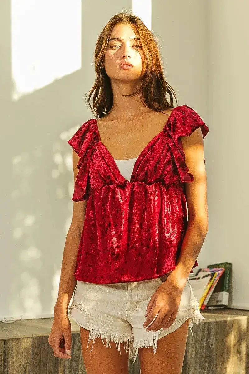BiBi Ruffled Cap Crush Velvet Peplum Top