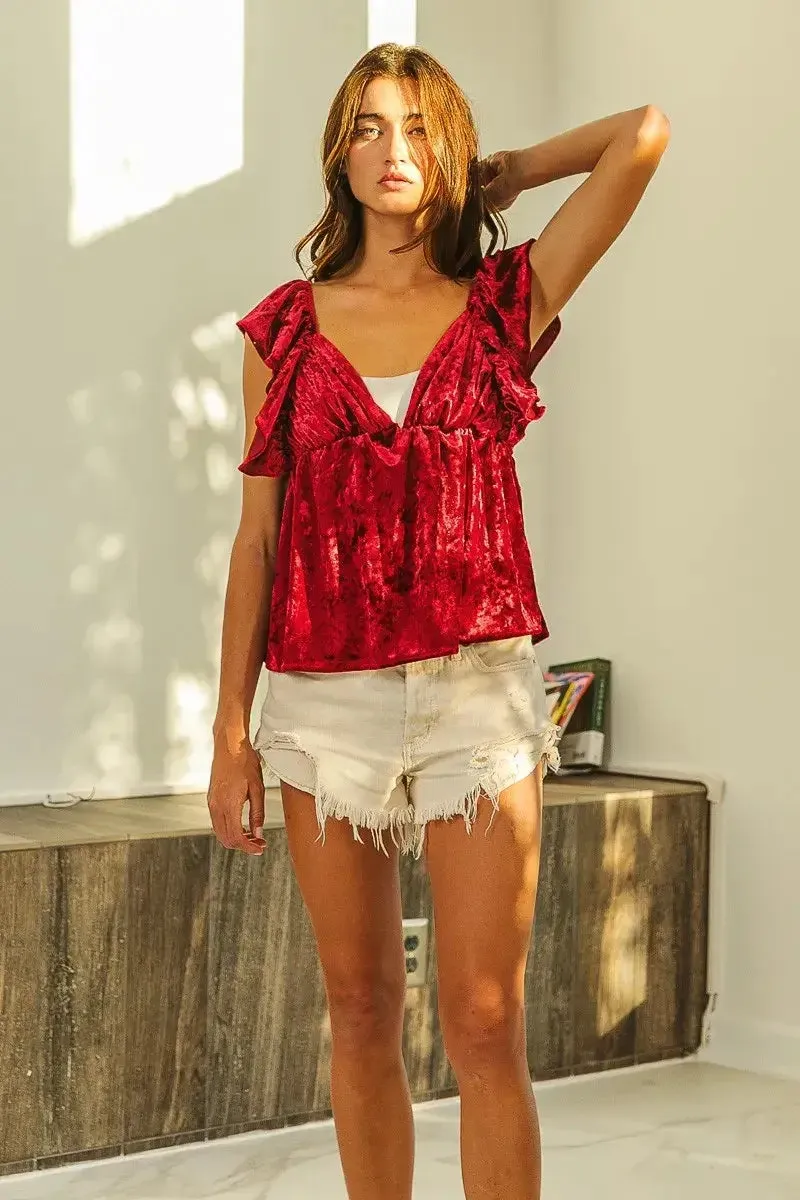 BiBi Ruffled Cap Crush Velvet Peplum Top
