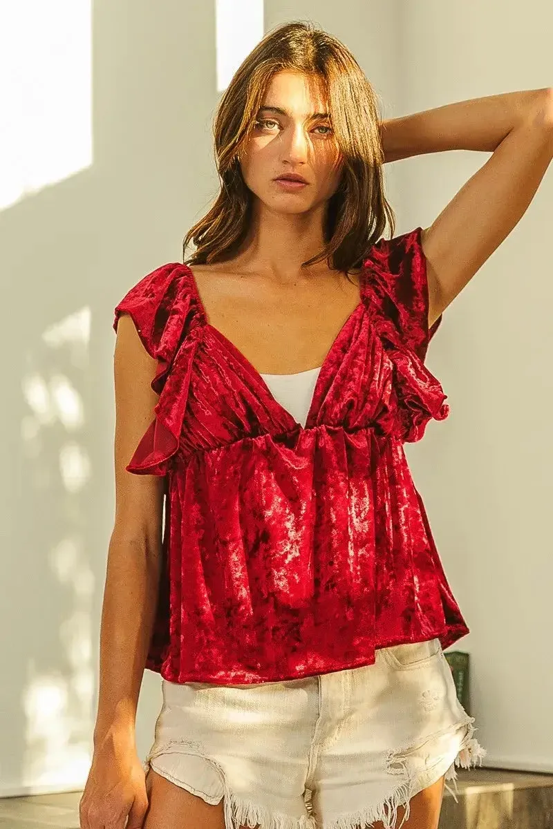 BiBi Ruffled Cap Crush Velvet Peplum Top