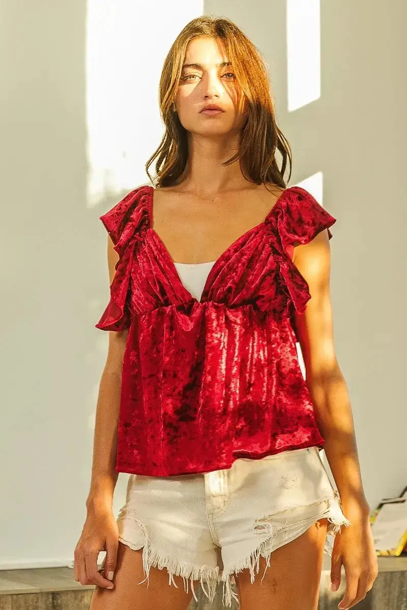 BiBi Ruffled Cap Crush Velvet Peplum Top