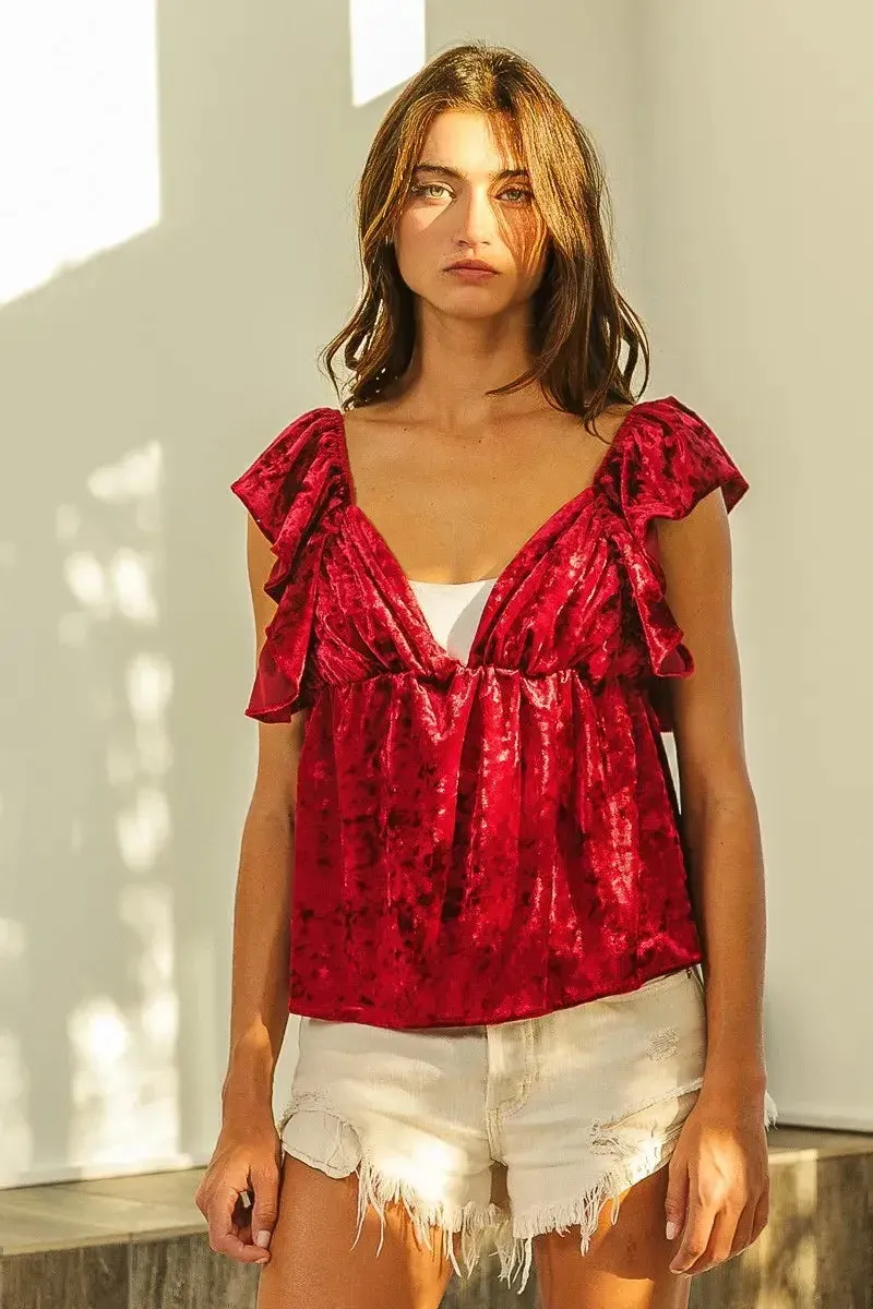 BiBi Ruffled Cap Crush Velvet Peplum Top