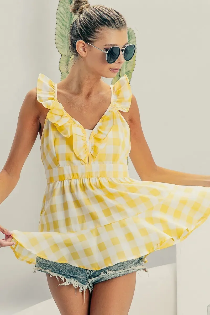 BiBi Ruffled Neckline Sleeveless Check Plaid Peplum Top