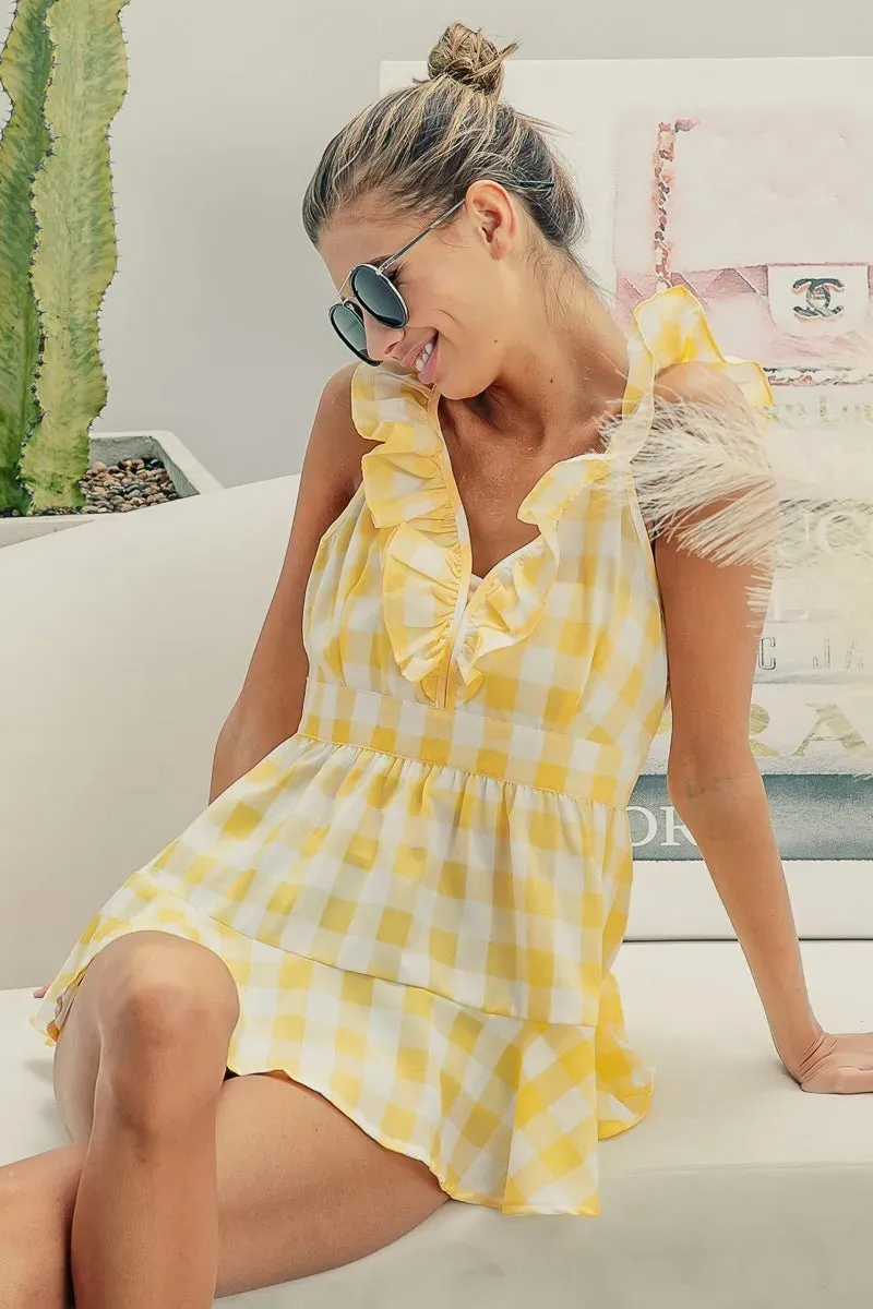 BiBi Ruffled Neckline Sleeveless Check Plaid Peplum Top