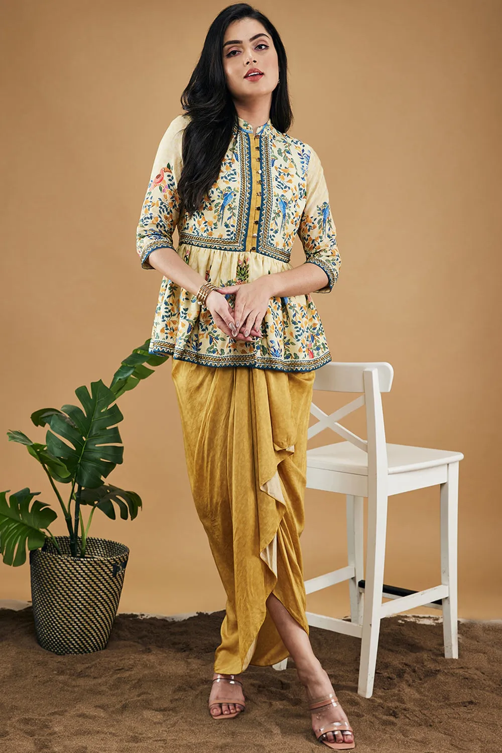 Bird And Tile Printed Peplum Top With Drape Skirt