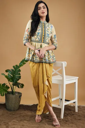 Bird And Tile Printed Peplum Top With Drape Skirt
