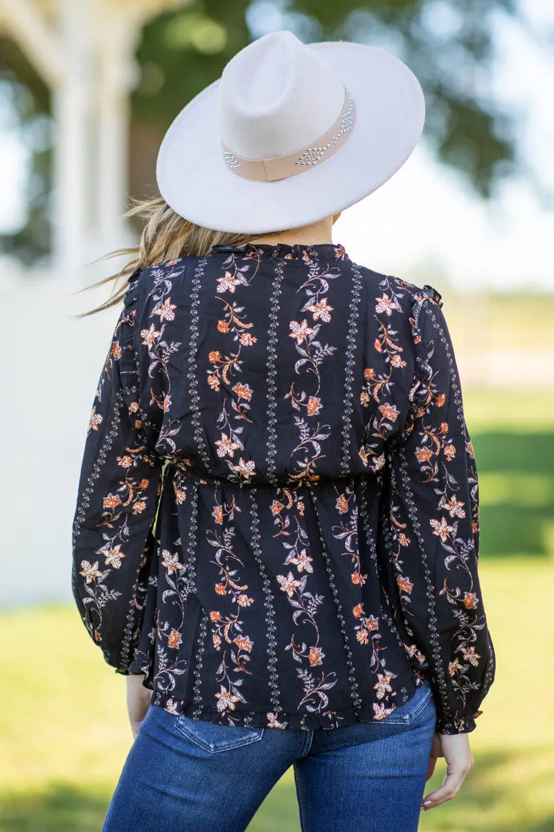 Black and Tan Floral Print Peplum Top