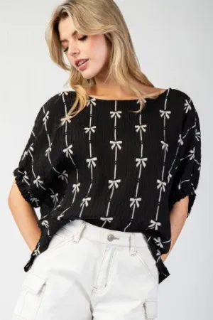 Black Bow Printed Crinkle S/S Top
