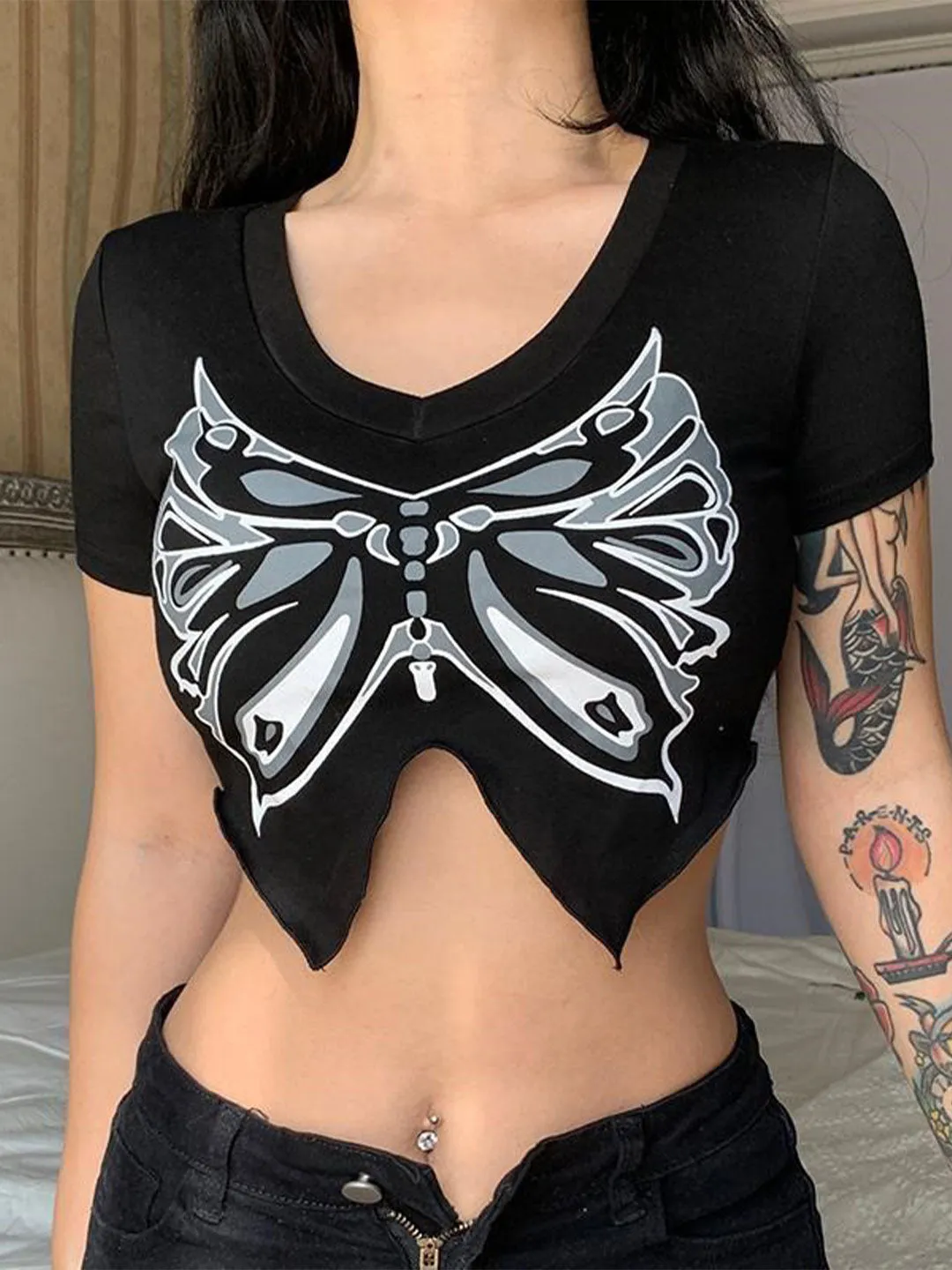 Black Butterfly Irregular Crop Top