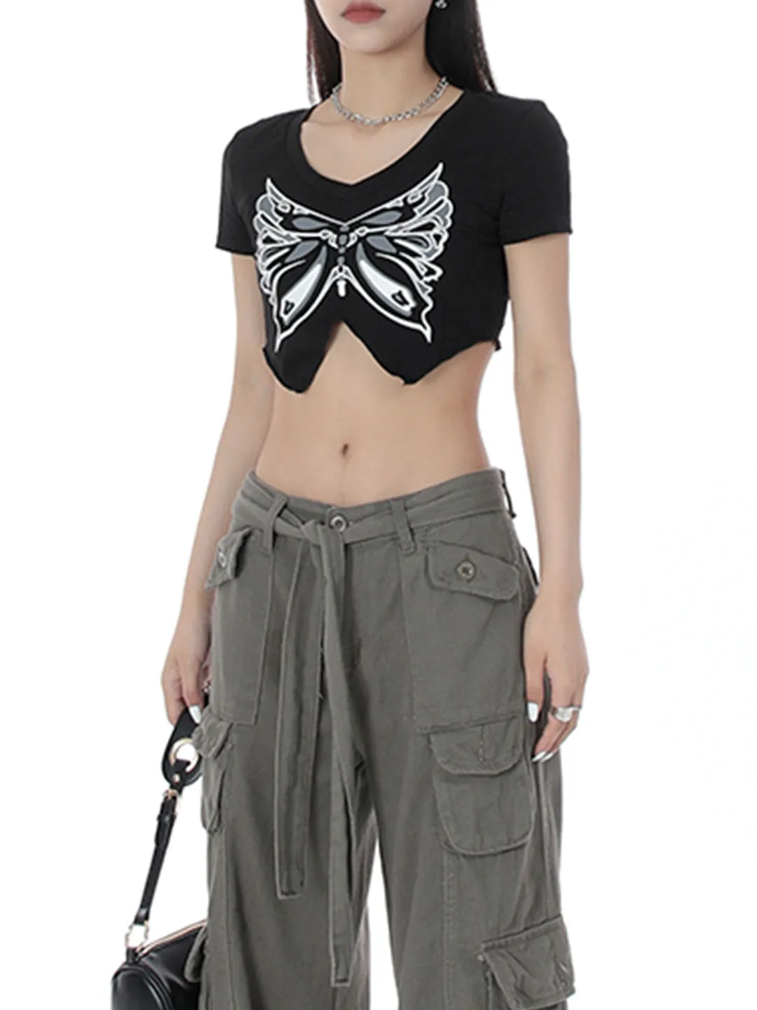 Black Butterfly Irregular Crop Top