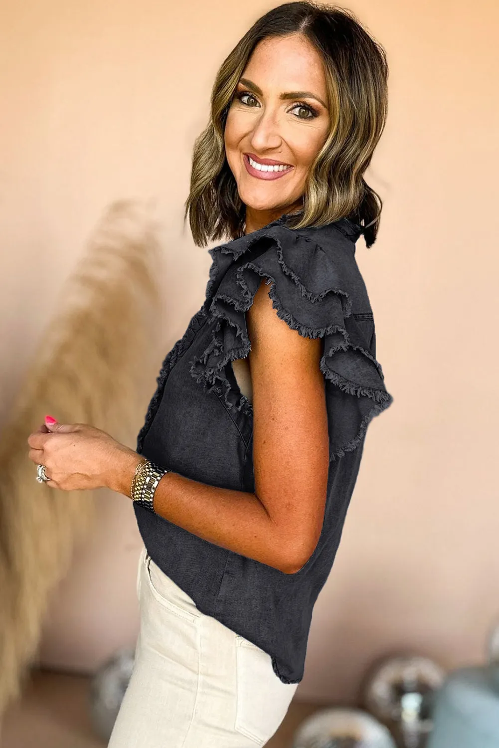 Black Button Front Ruffled Flutter Frayed Denim Top