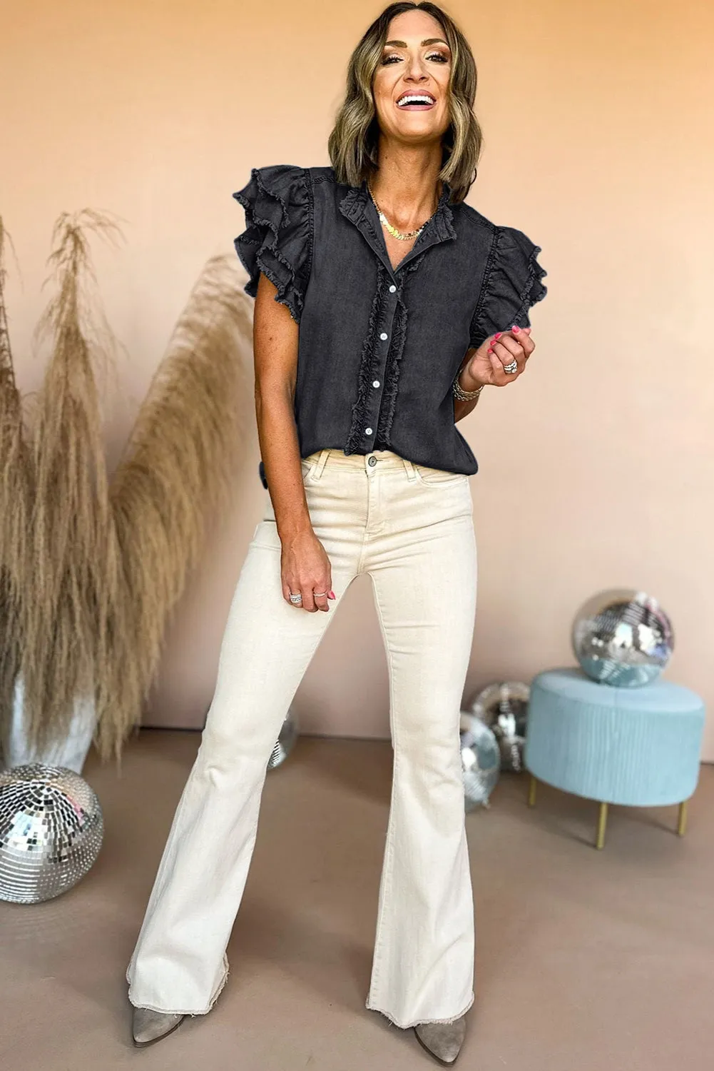 Black Button Front Ruffled Flutter Frayed Denim Top