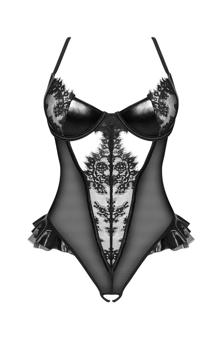 Black crotchless wet look X lace bodysuit - Romy