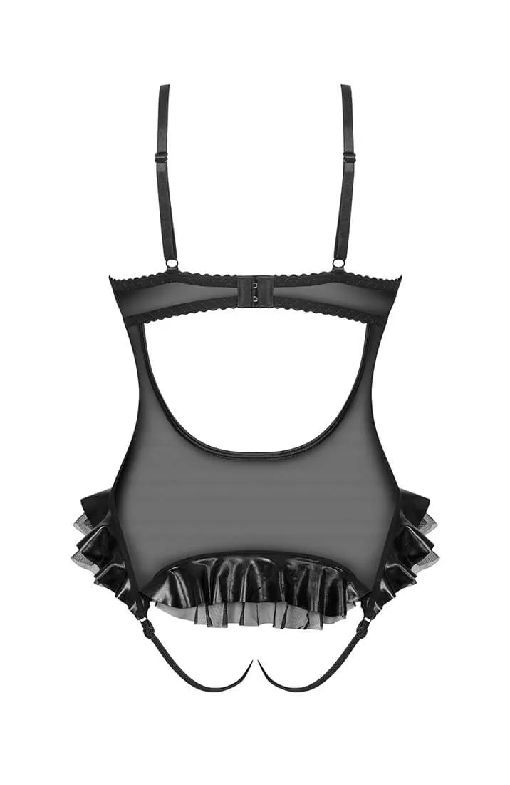 Black crotchless wet look X lace bodysuit - Romy