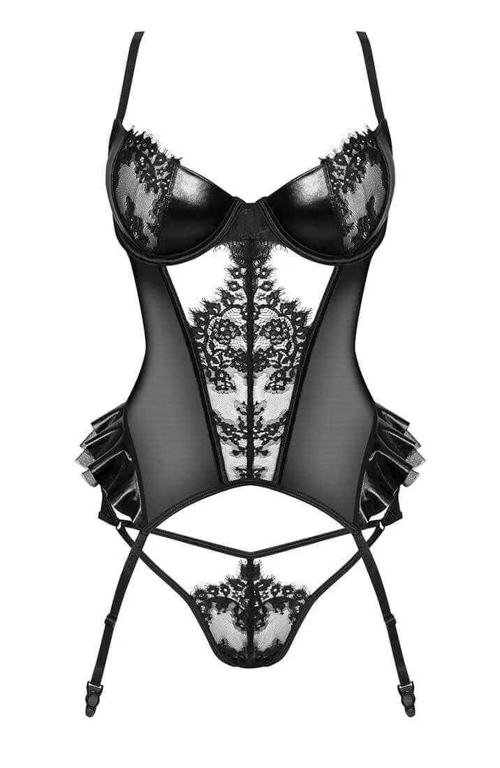 Black crotchless wet look X lace bustier set - Renée