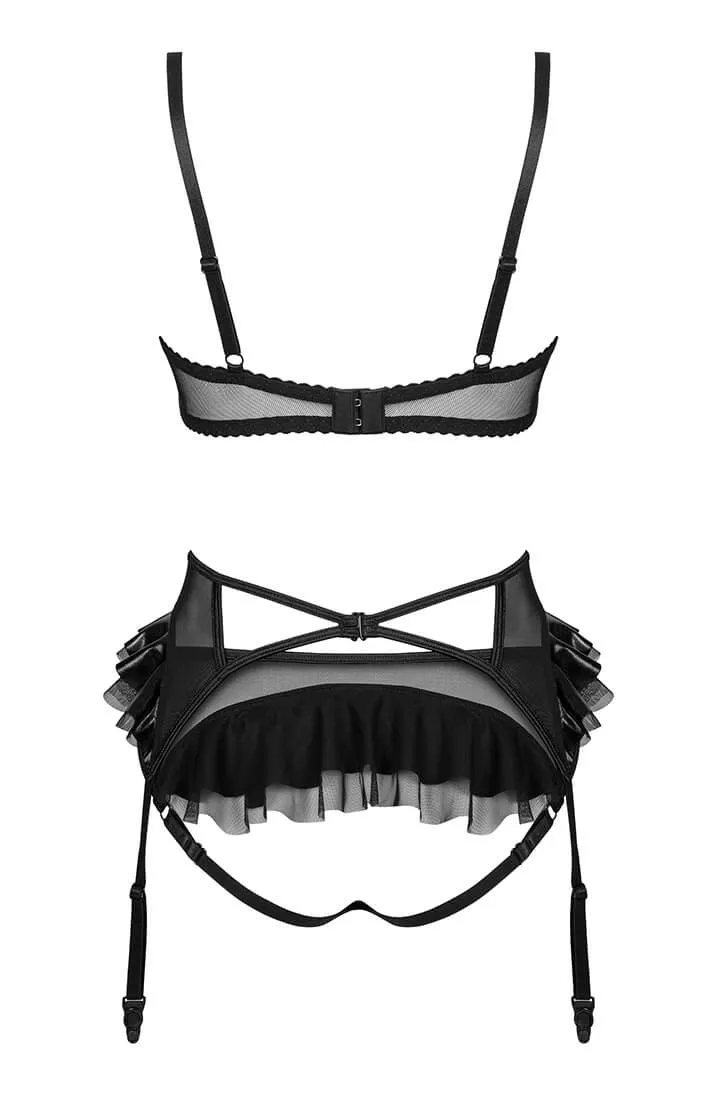 Black crotchless wet look X lace lingerie set - Rhea