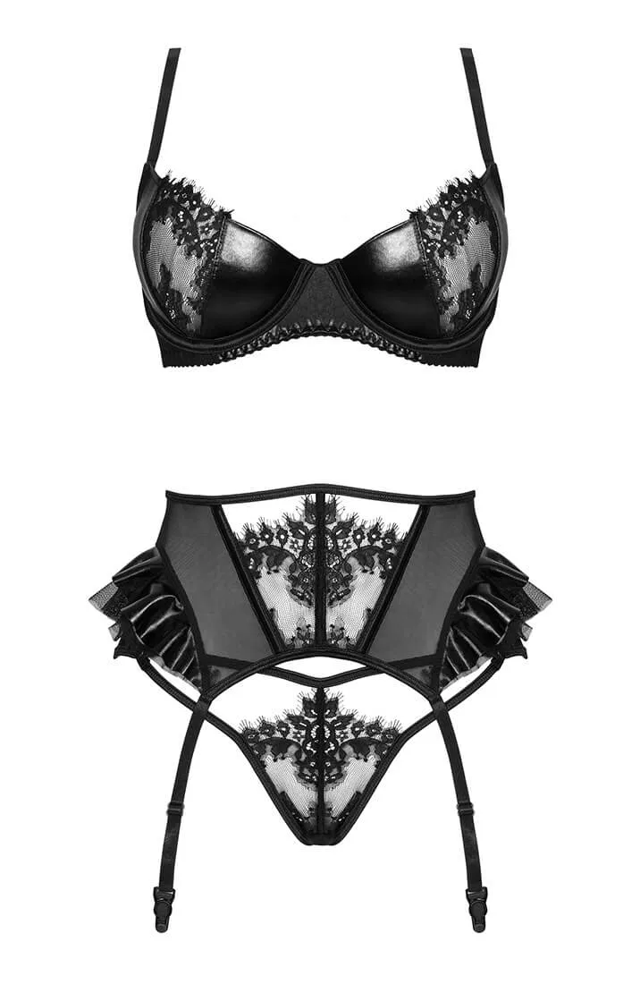 Black crotchless wet look X lace lingerie set - Rhea