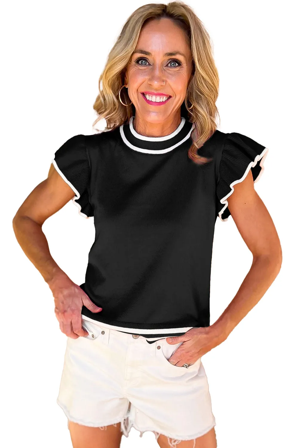 Black Edge Piping Ruffled Sleeve Round Neck Knit T Shirt