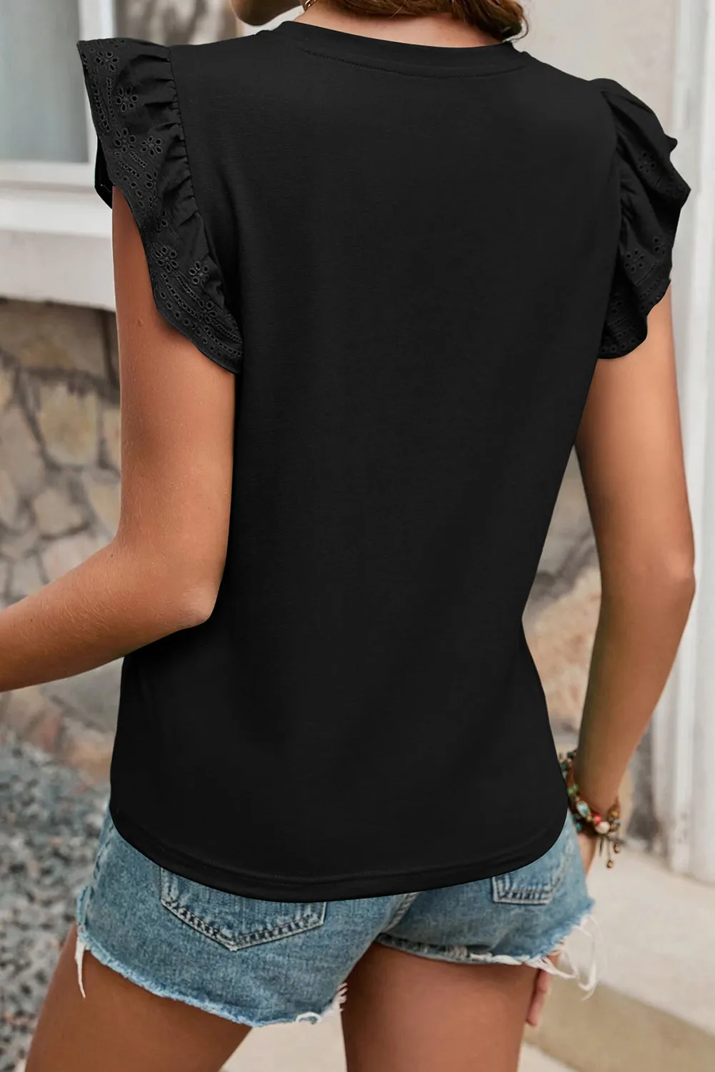 Black Embroidered Ruffled Sleeve Slim Fit Crew Neck Top