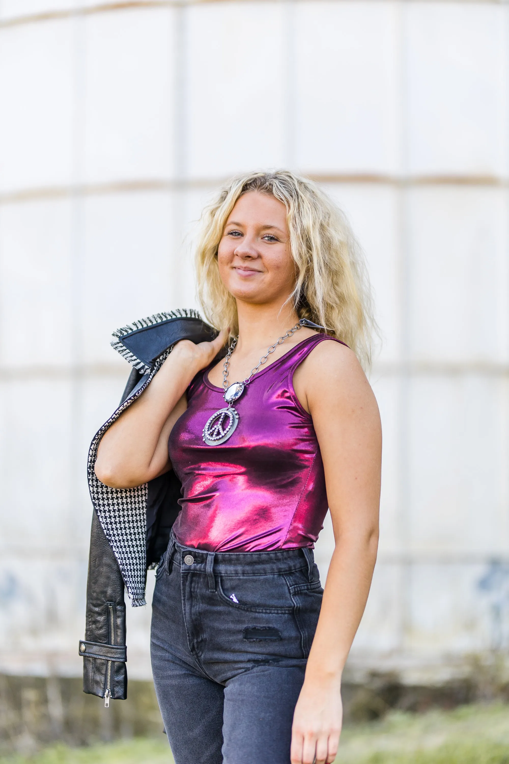 Black Faux Leather Moto Jacket with Gingham Contrast
