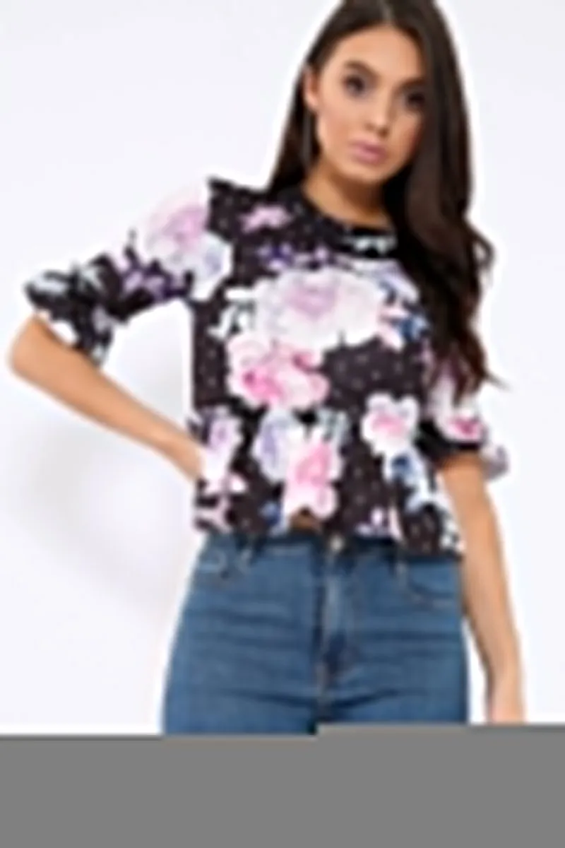 Black Floral Ruffle Peplum Top - Kyriee