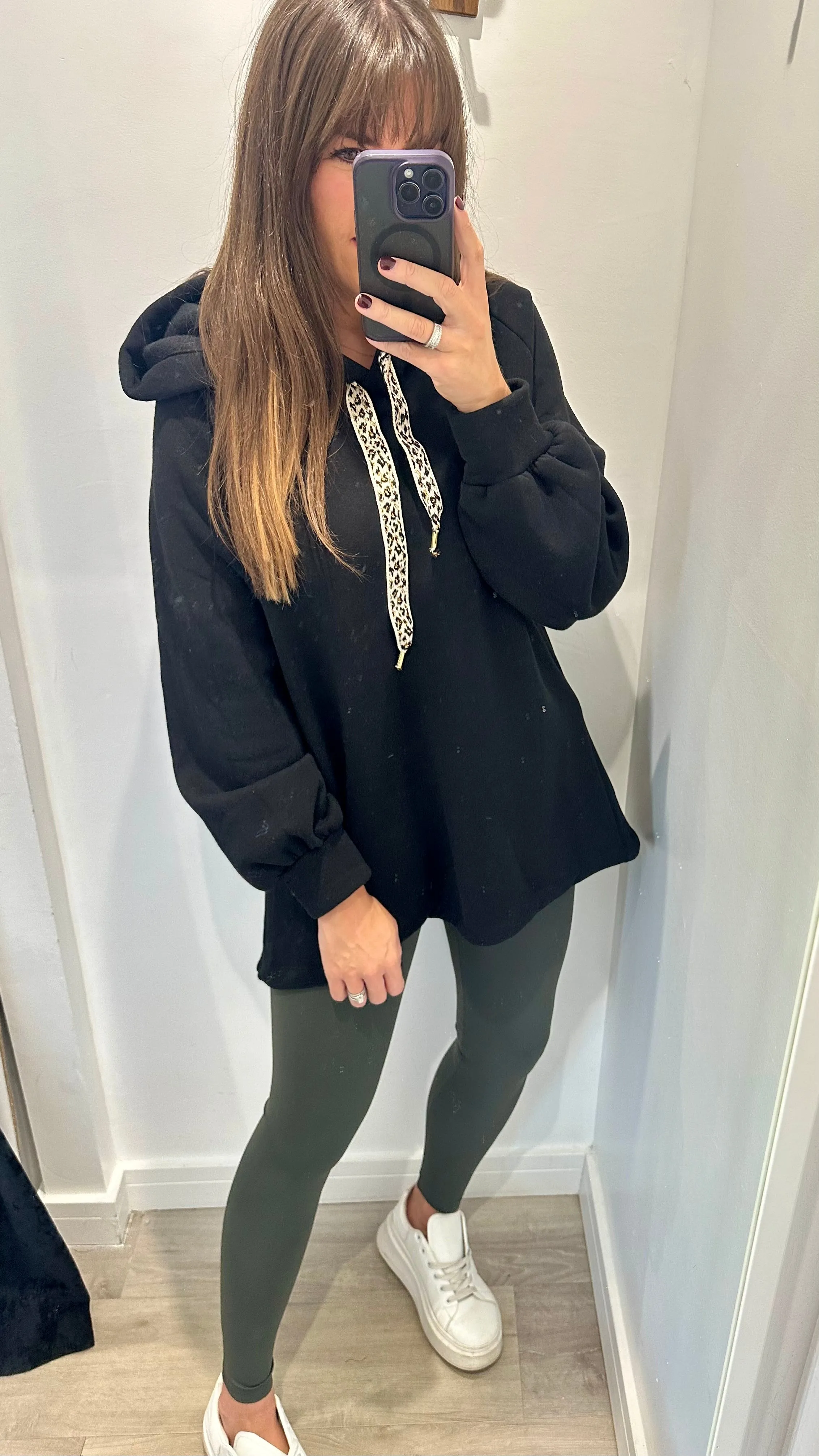 BLACK LEOPARD DRAWSTRING HOODIE