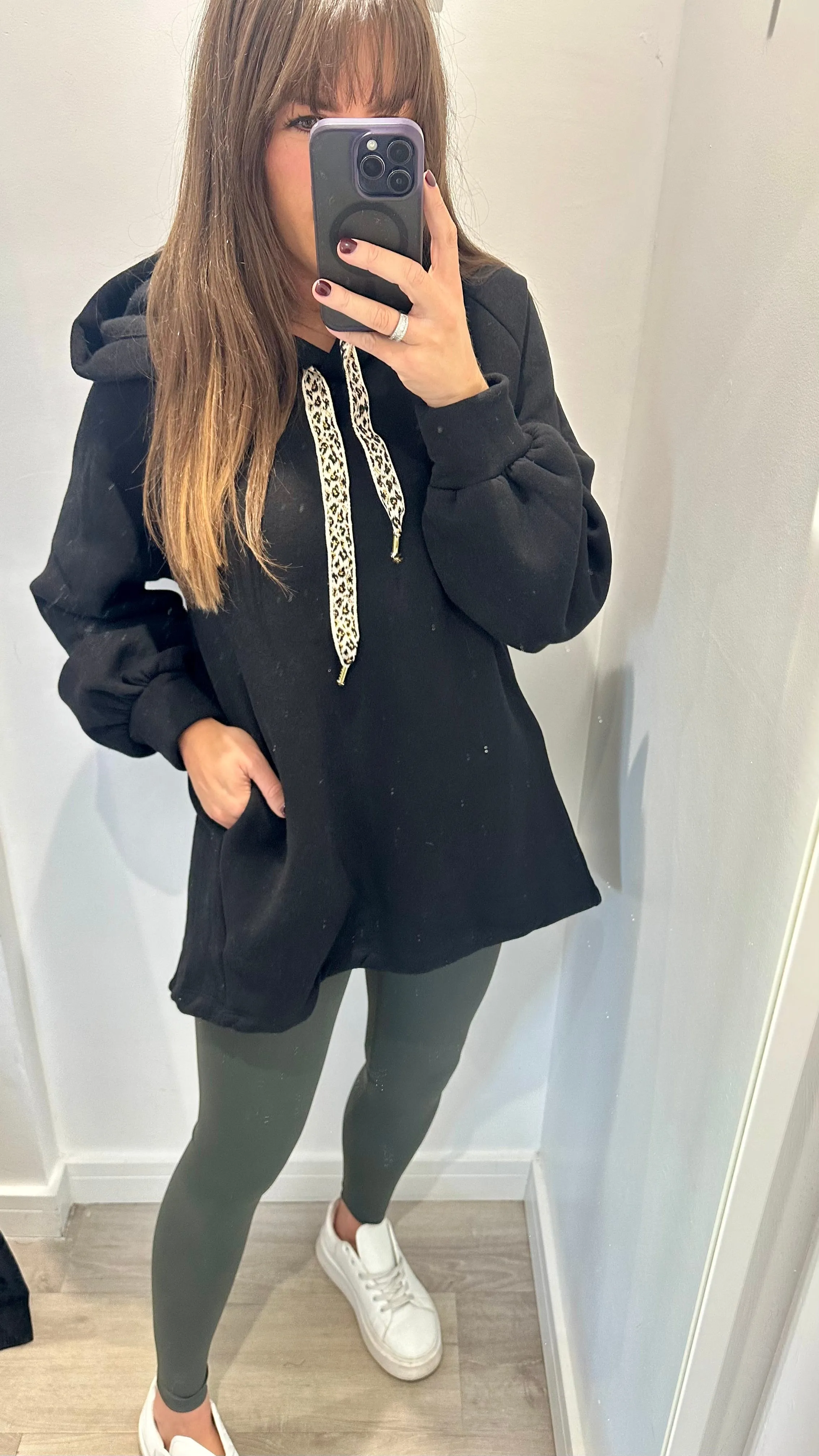 BLACK LEOPARD DRAWSTRING HOODIE