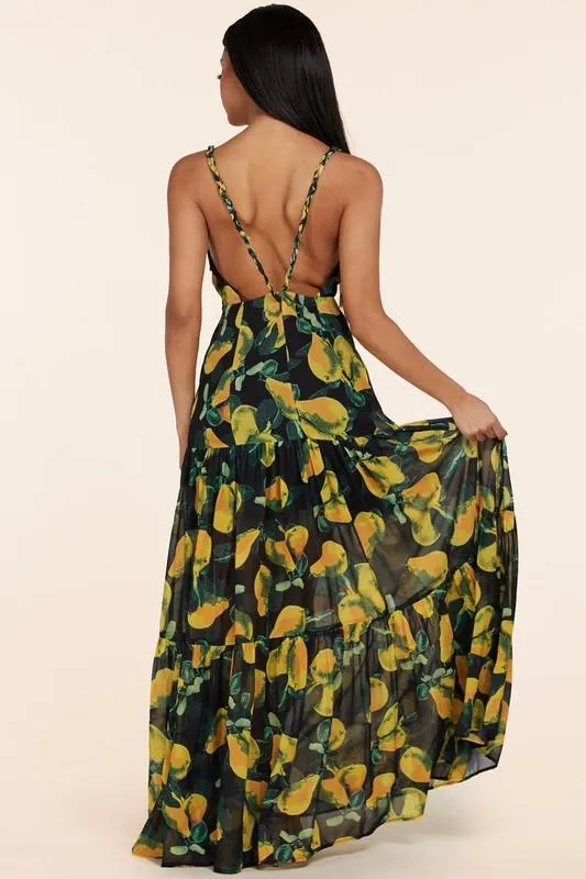 Black maxi dress boasts yellow pear print