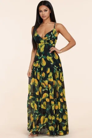 Black maxi dress boasts yellow pear print