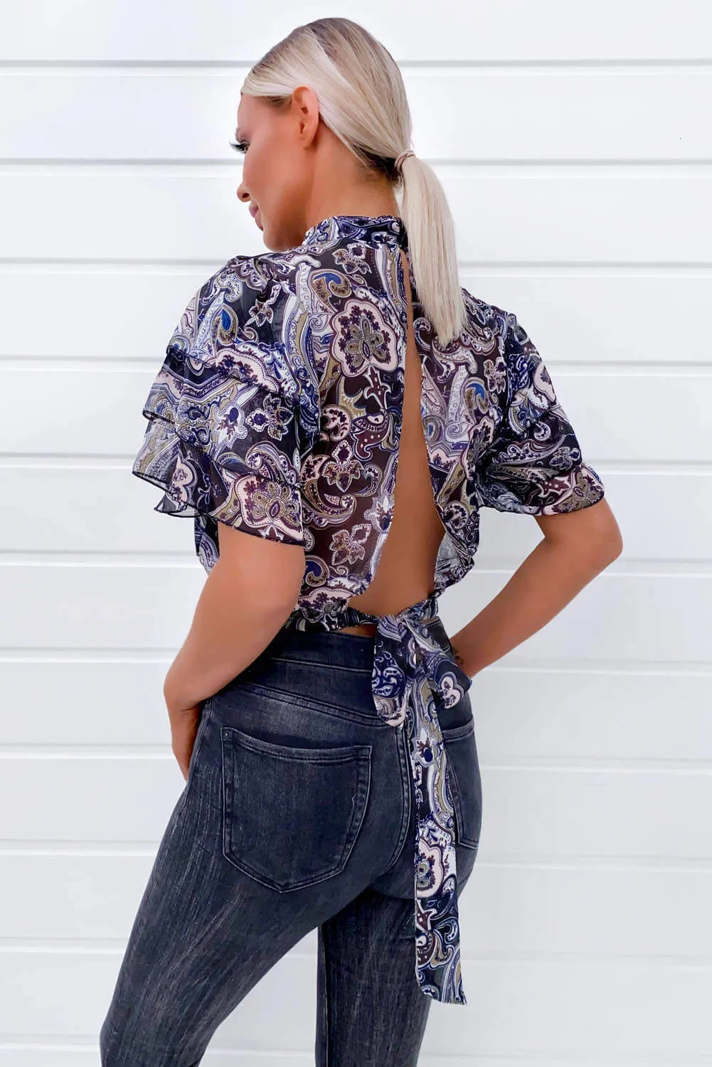 Black Printed Frill Sleeve Crop Top