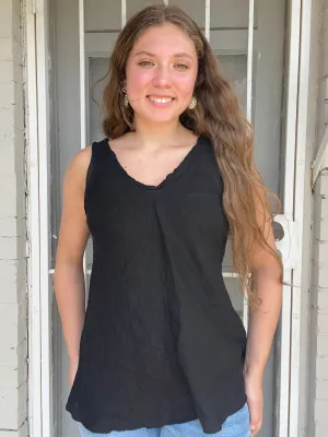 BLACK Ruffled V-Neck Linen Tank