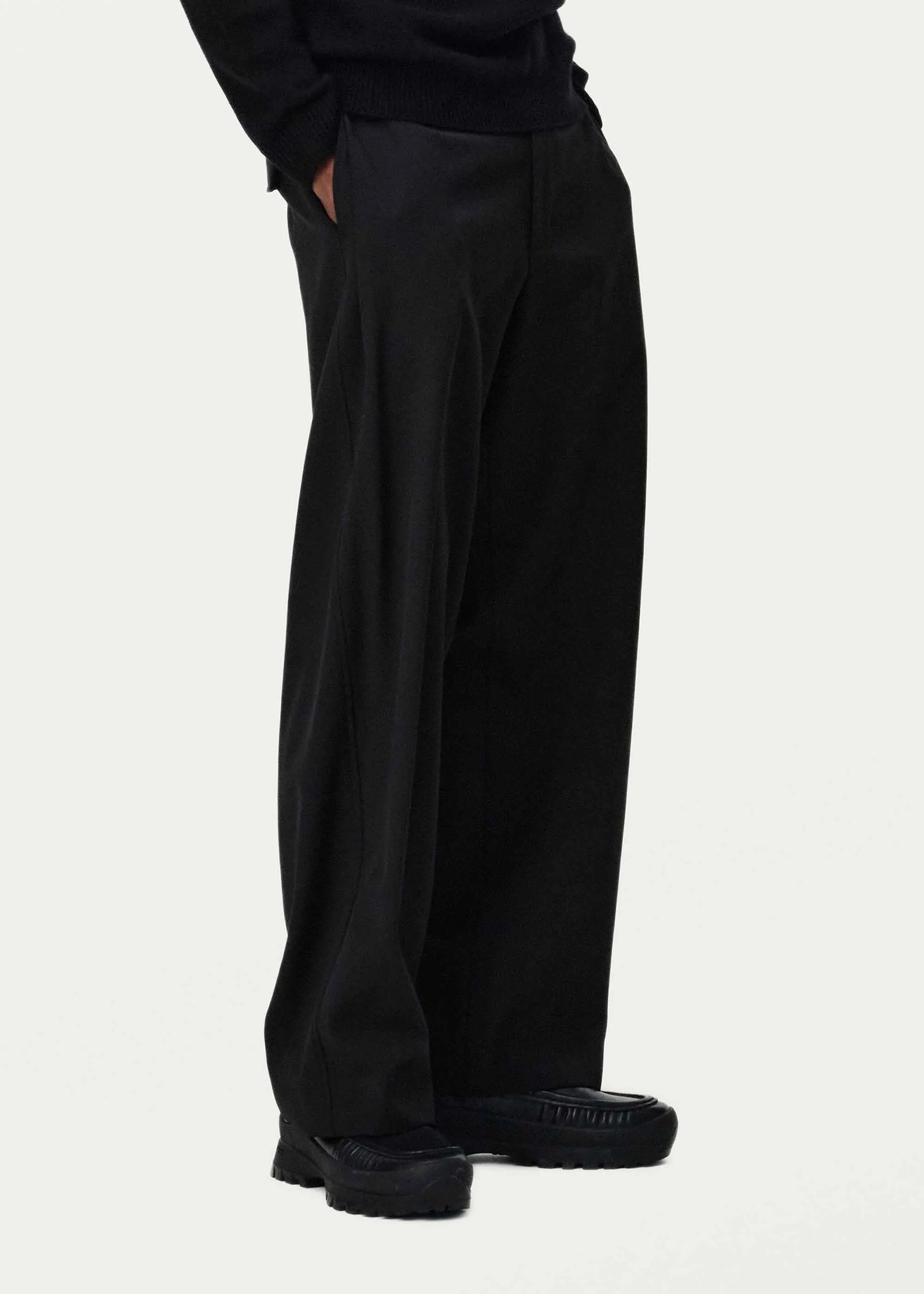 Black Side Pleat Wool Trousers