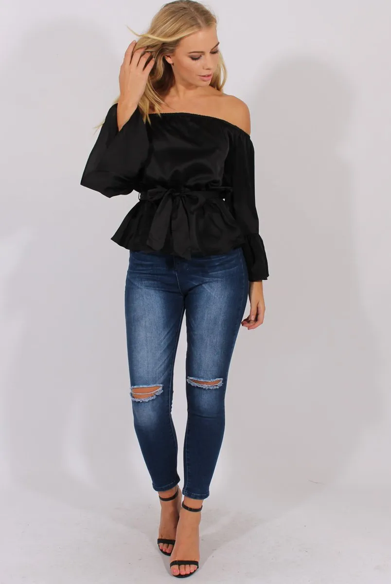Black Silk Bardot Bell Sleeves Top - Fawn