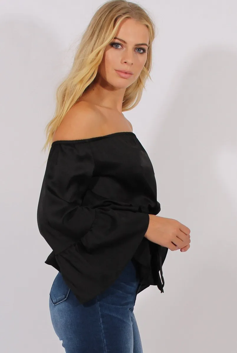 Black Silk Bardot Bell Sleeves Top - Fawn