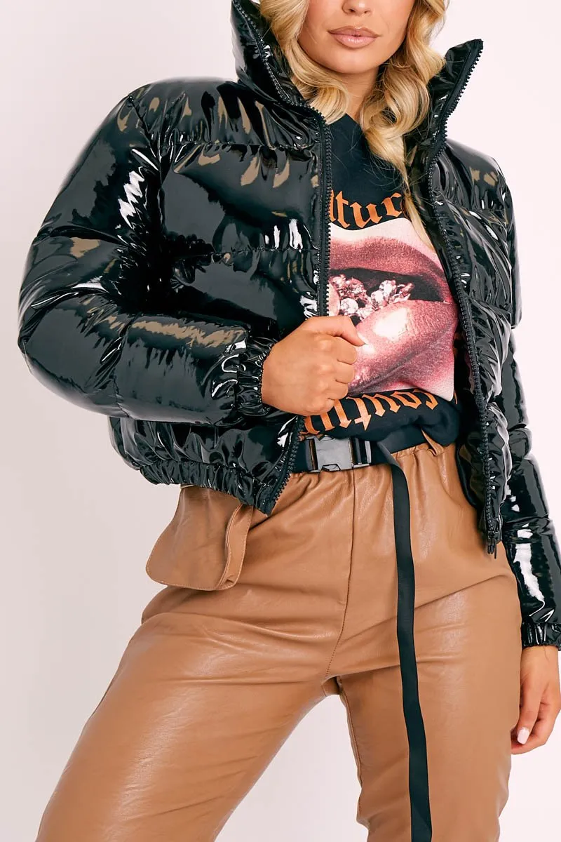 Black Vinyl Cropped Puffer Jacket - Zyonna