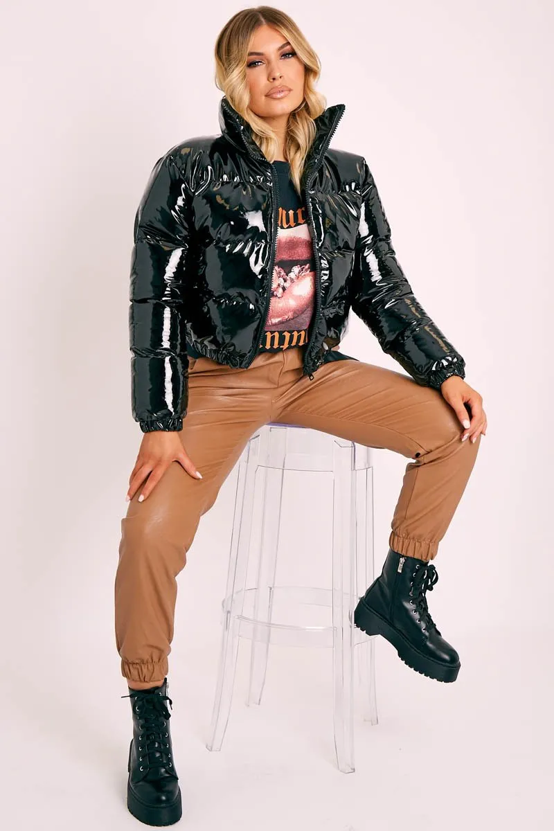 Black Vinyl Cropped Puffer Jacket - Zyonna