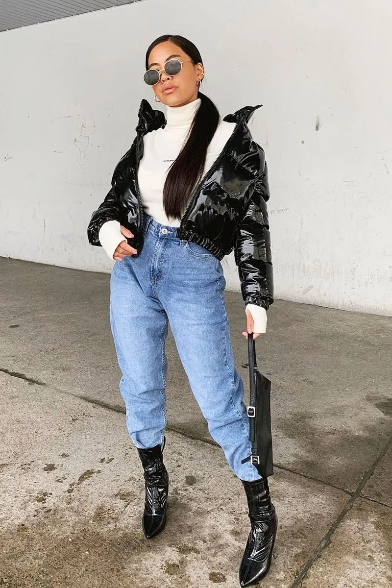 Black Vinyl Cropped Puffer Jacket - Zyonna