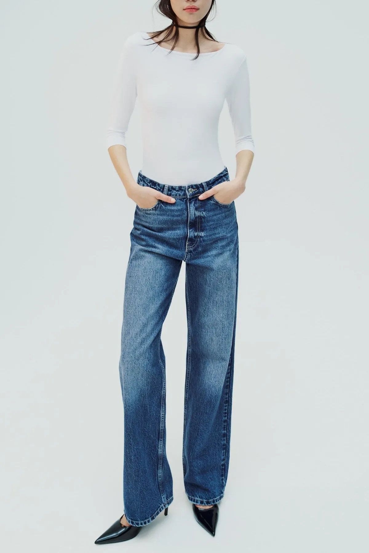 BLAKE High-Waist Straight Leg Full Length Jeans (Dark Blue Washed)