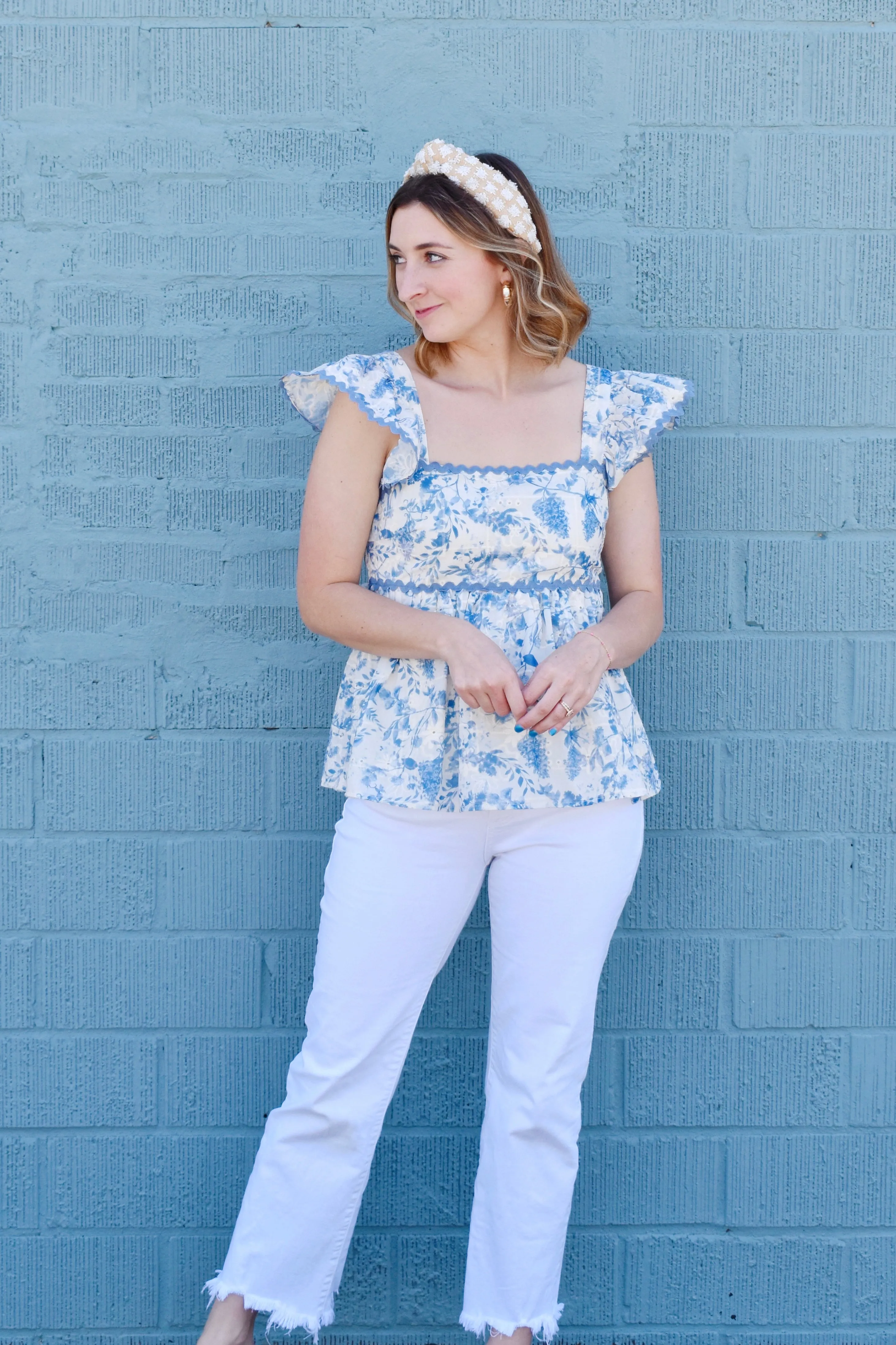 Blue Floral Peplum Ric Rac Top