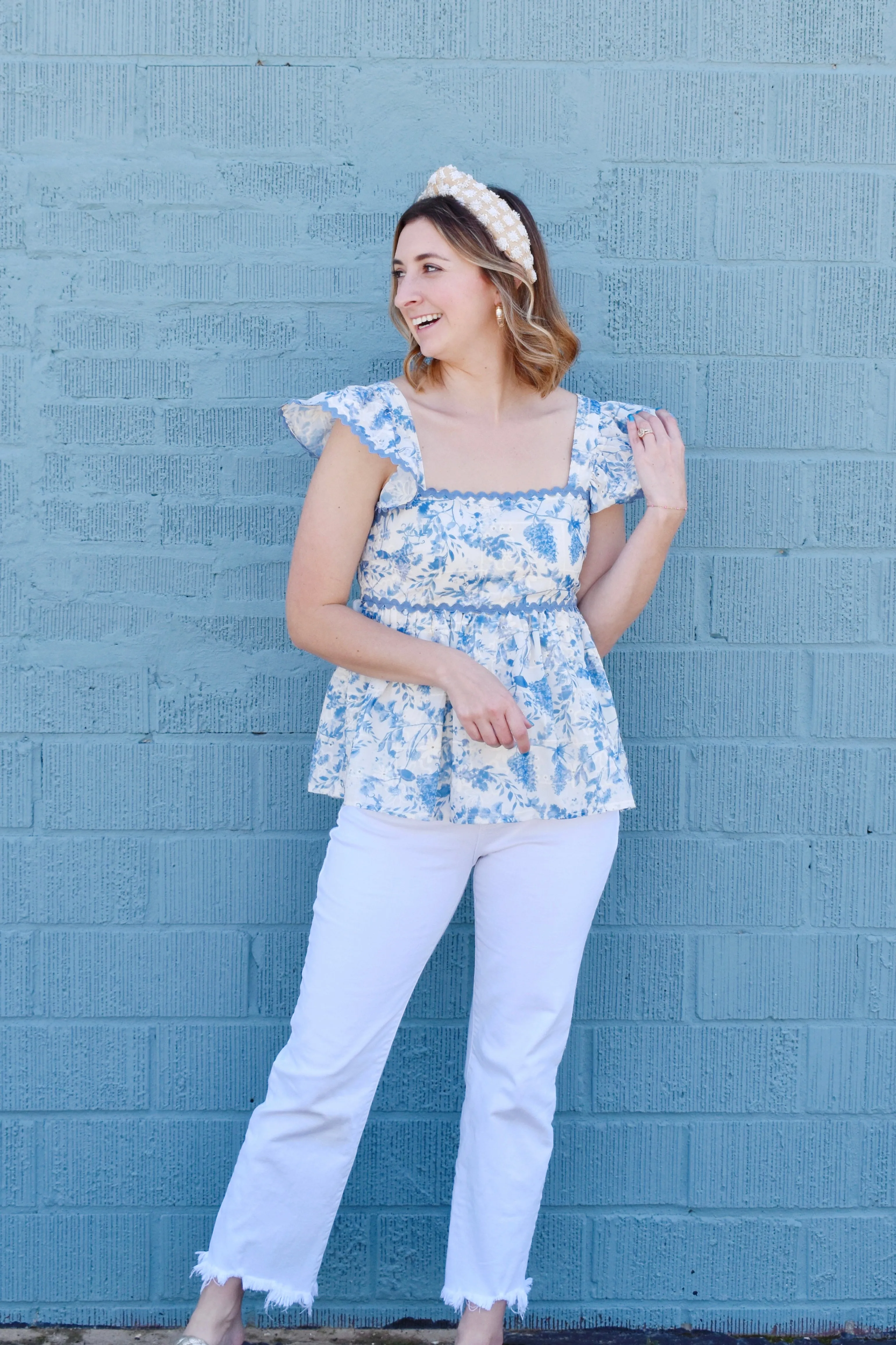 Blue Floral Peplum Ric Rac Top