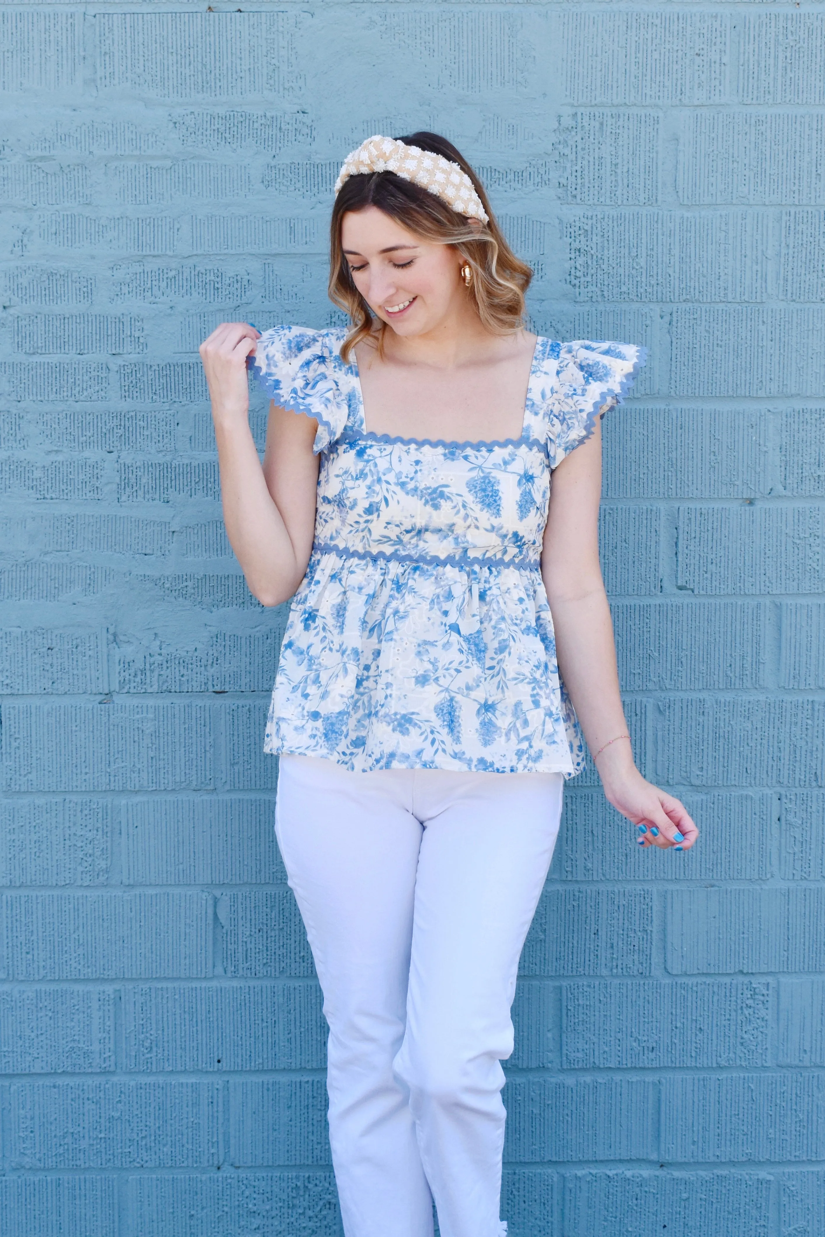 Blue Floral Peplum Ric Rac Top