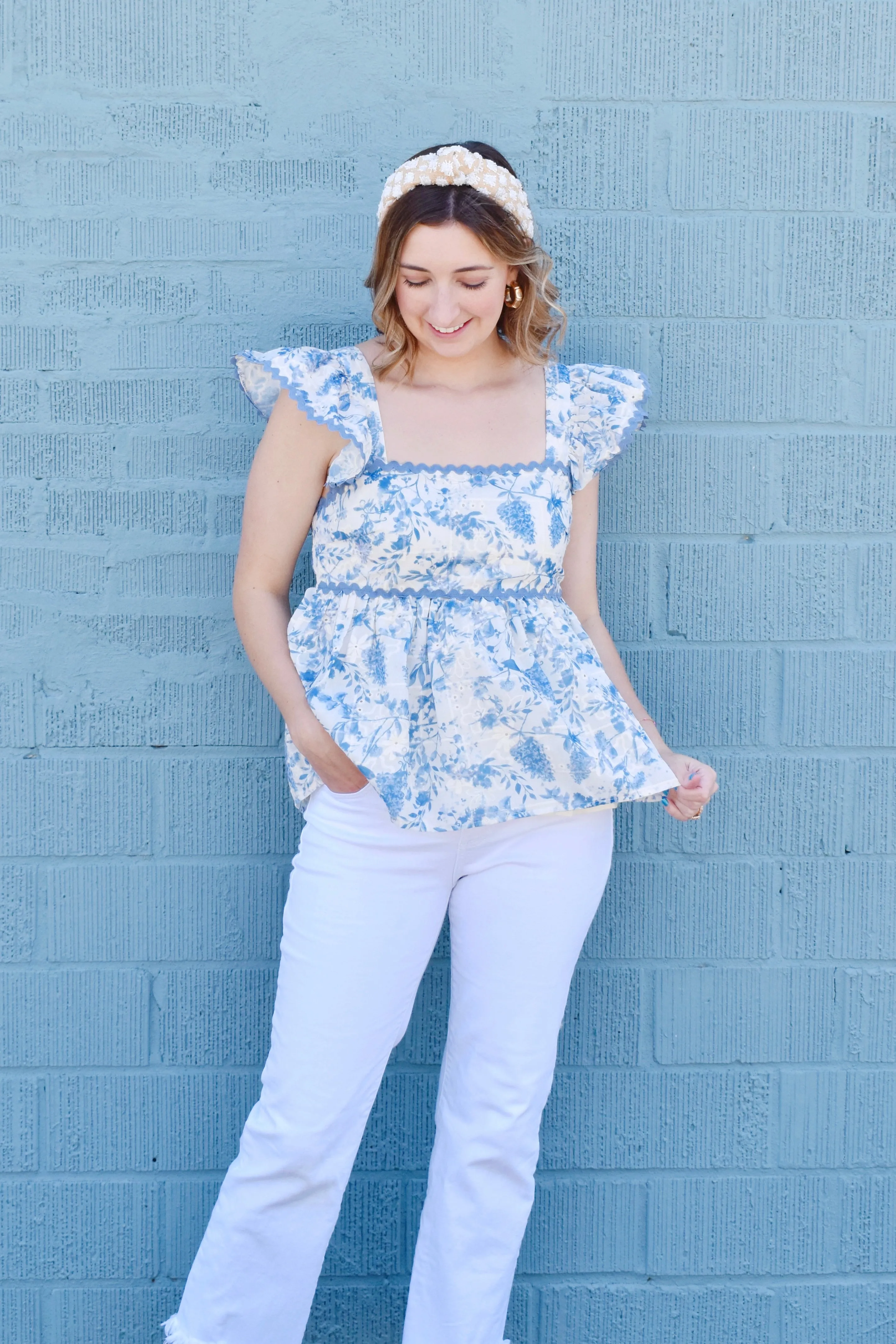 Blue Floral Peplum Ric Rac Top