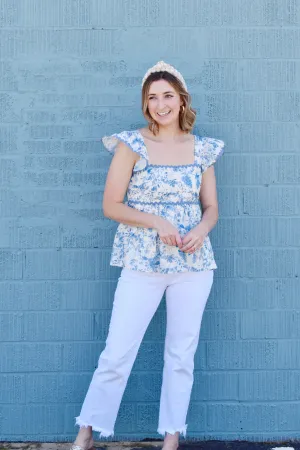 Blue Floral Peplum Ric Rac Top