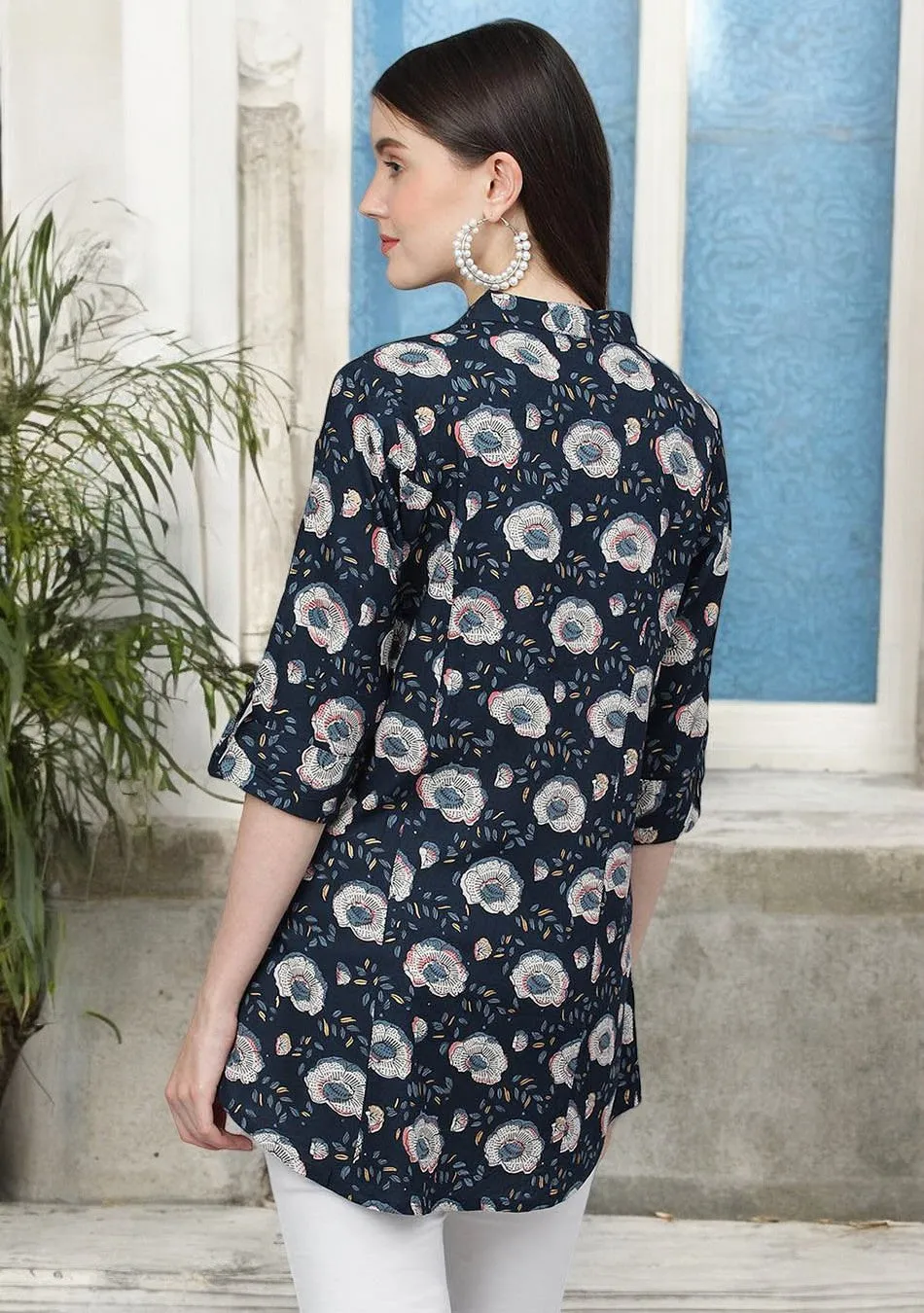 Blue Floral printed Rayon A-line Shirts Style Top