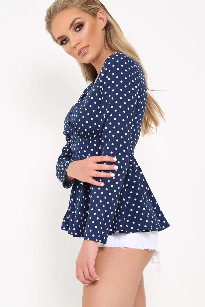 Blue Polka Dot Button Detail Peplum Top - Rayaan