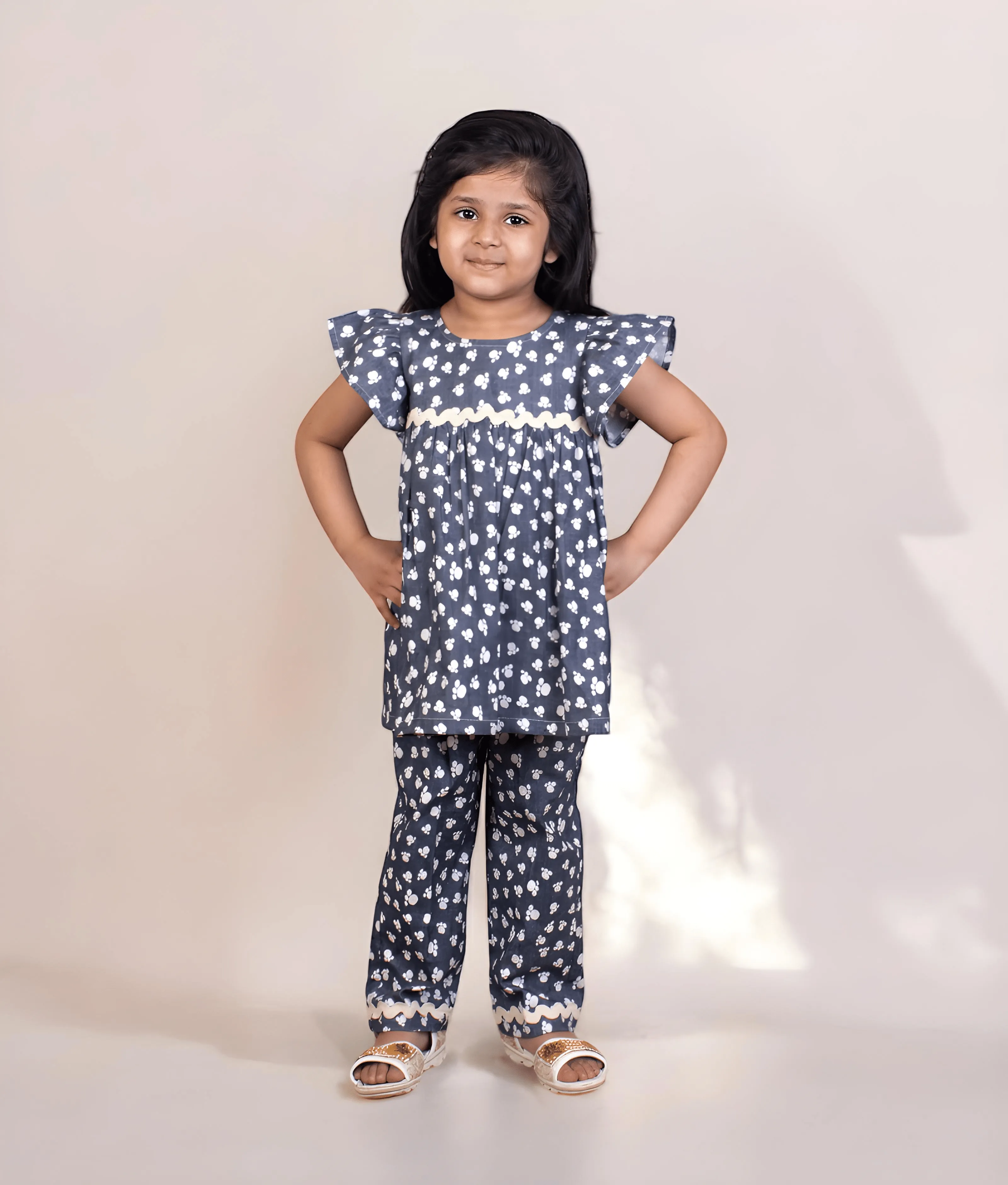 Blue Printed Peplum Top with Pant for Girls