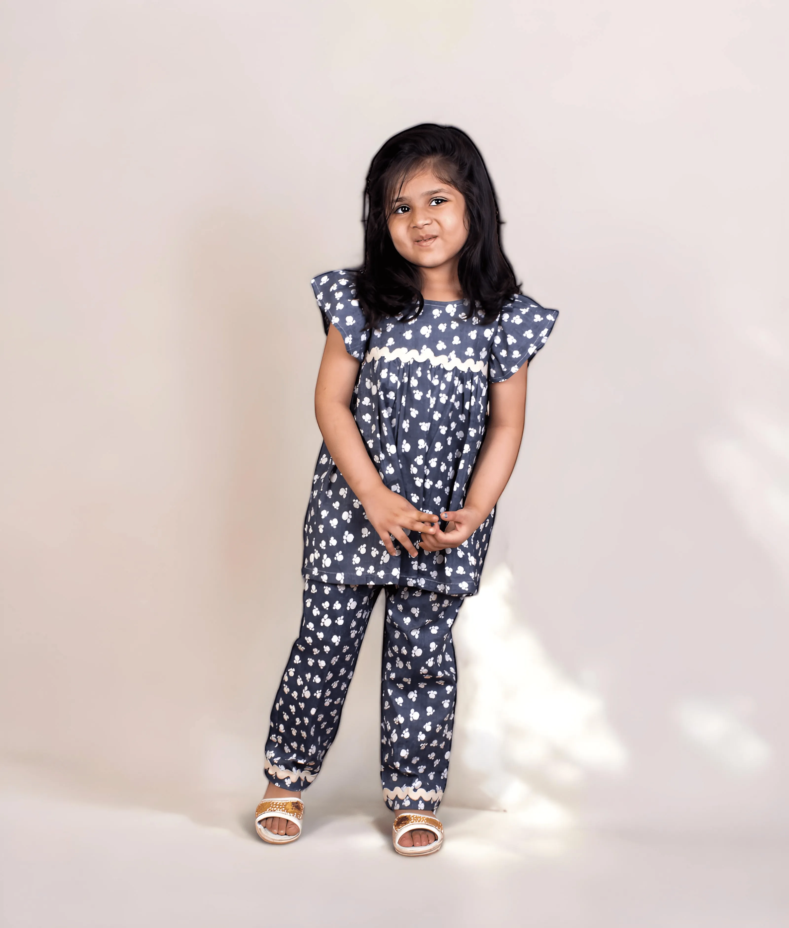 Blue Printed Peplum Top with Pant for Girls