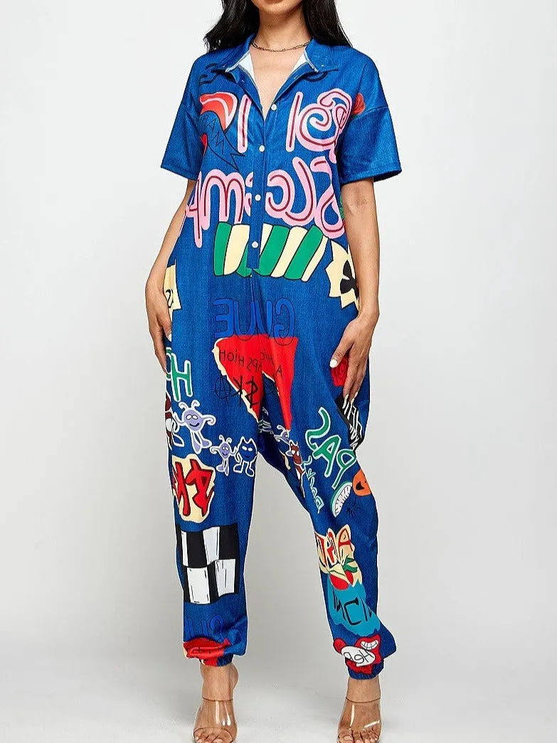 Blue Short Sleeve Jumpsuit