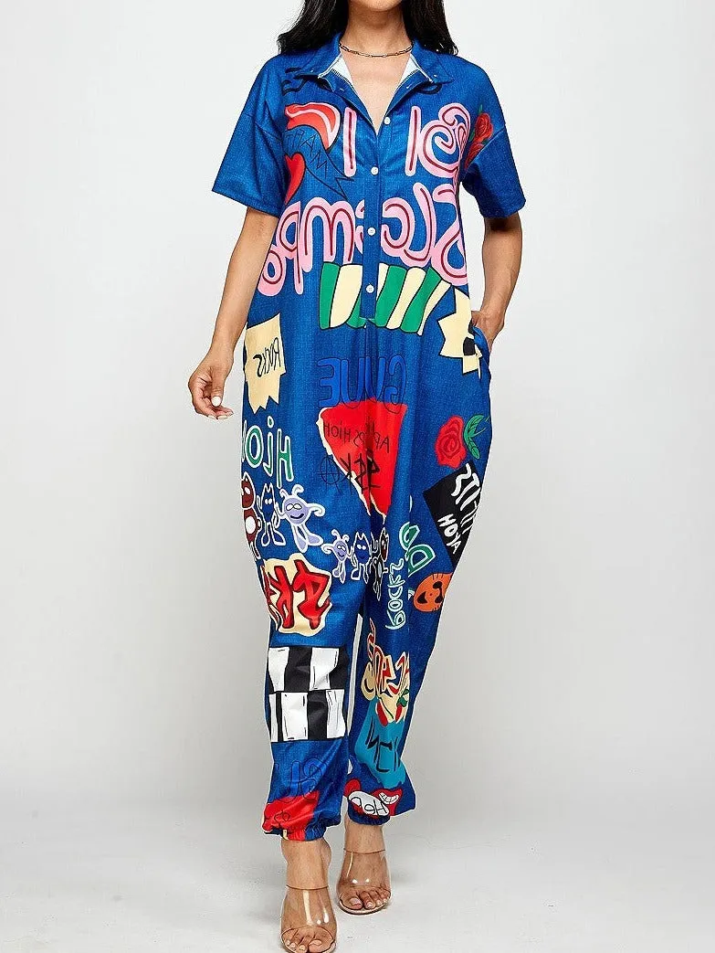 Blue Short Sleeve Jumpsuit