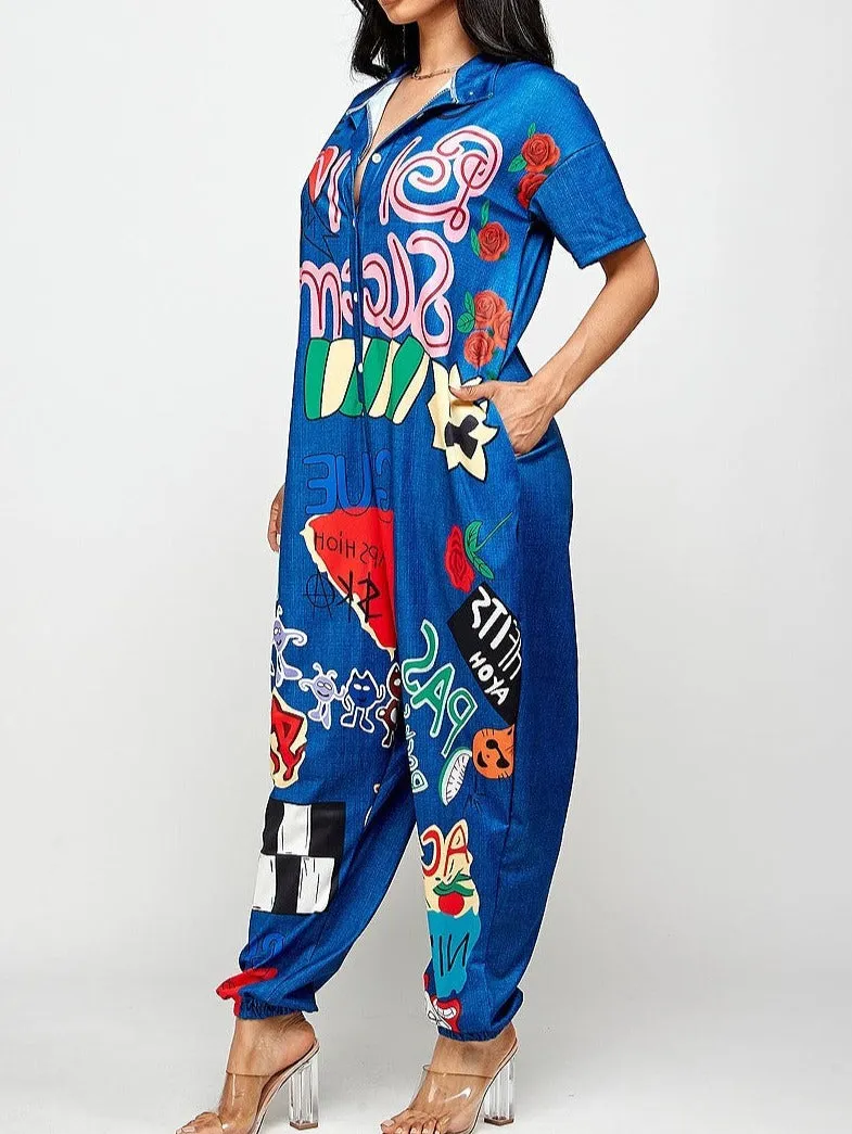 Blue Short Sleeve Jumpsuit